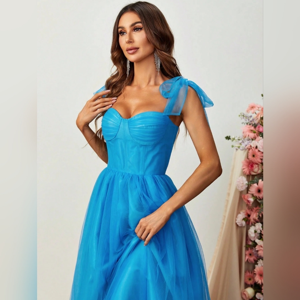 Tie Shoulder Ruffle Hem Mesh Maxi Dress In Color Blue. Size Medium.  $109 retail - Picture 3 of 10